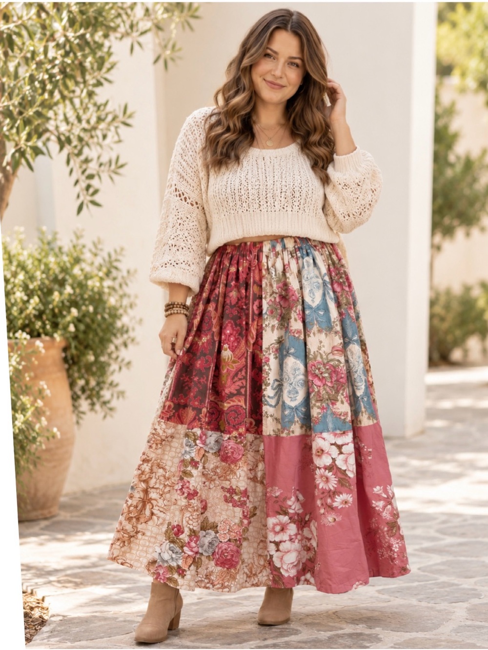 Handmade Cotton Patchwork Maxi Skirt Boho Floral Festival L/XL